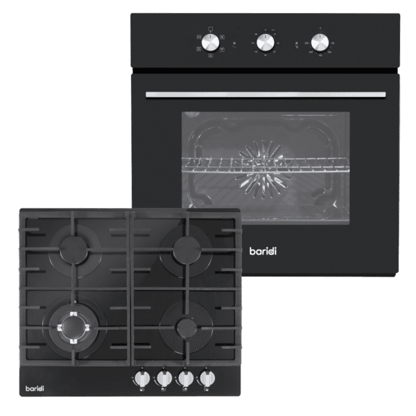 Baridi Integrated Fan-Assisted Oven with Timer & Black Glass Gas Hob Appliance Bundle – 60cm